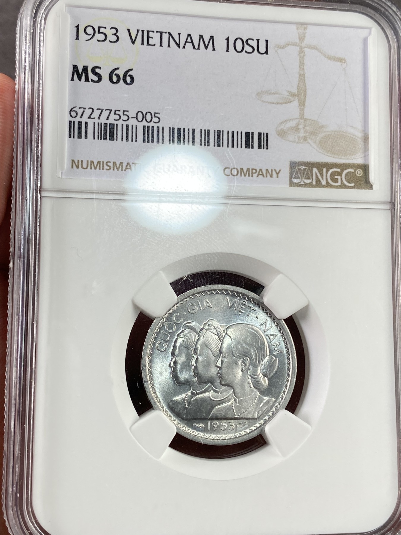 万国钱币拍卖第017期（中秋—国庆花好月圆夜特辑） NGC MS66 1953越南10SU铝币