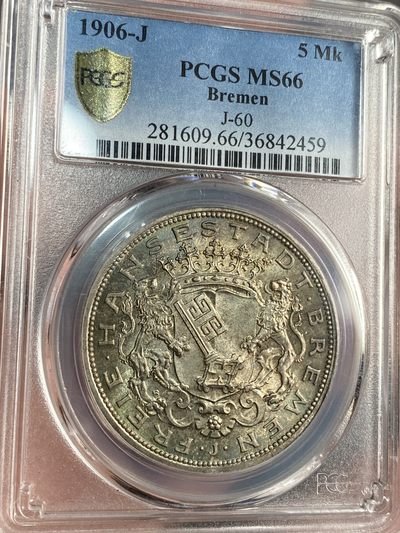万国钱币拍卖第017期（中秋—国庆花好月圆夜特辑） - PCGS MS66 1906年德国不莱梅5马克 名誉品种青金光晃眼 不可方物的一步到位收藏品