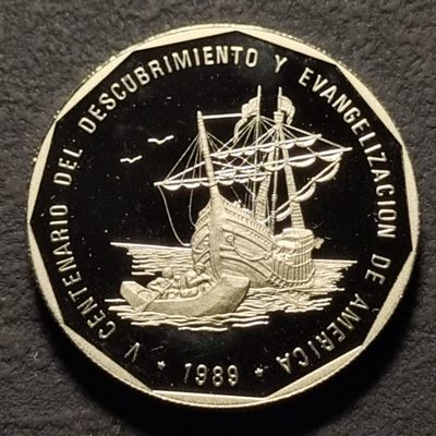 0起1加-纯粹捡漏拍-239双节炸场包邮连拍第三场地中海边的微醺暖风 - 多米尼加1989年1比索发现美洲500周年精制纪念银币