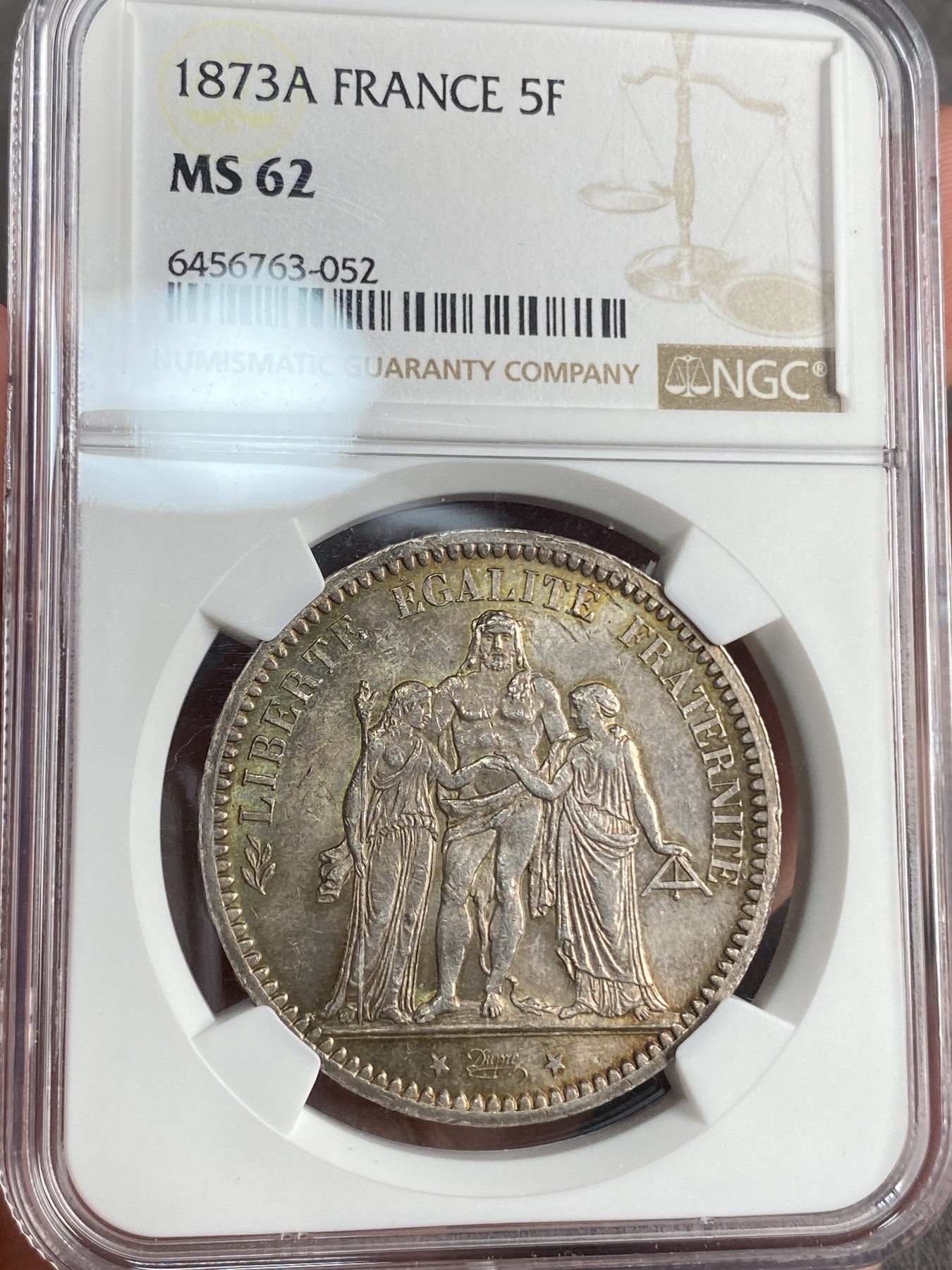 万国钱币拍卖第017期（中秋—国庆花好月圆夜特辑） NGC MS62 1873年法国早期大力神5法郎 五彩转光