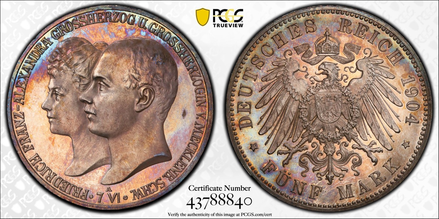 万国钱币拍卖第017期（中秋—国庆花好月圆夜特辑） PCGS PR66 1904年德国梅克伦堡—什未林大婚精致5马克 老彩亚军 极致的收藏状态