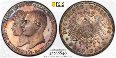 万国钱币拍卖第017期（中秋—国庆花好月圆夜特辑） - PCGS PR66 1904年德国梅克伦堡—什未林大婚精致5马克 老彩亚军 极致的收藏状态