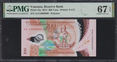 草稿银行第十一期国内外钞票硬币拍卖 瓦努阿图2014年200瓦图 AA冠开门69号，倒置号 手签版 PMG 67