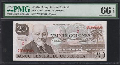 草稿银行第十一期国内外钞票硬币拍卖 哥斯达黎加1983年20科朗 Tyvek 号码全程无3457 PMG 66