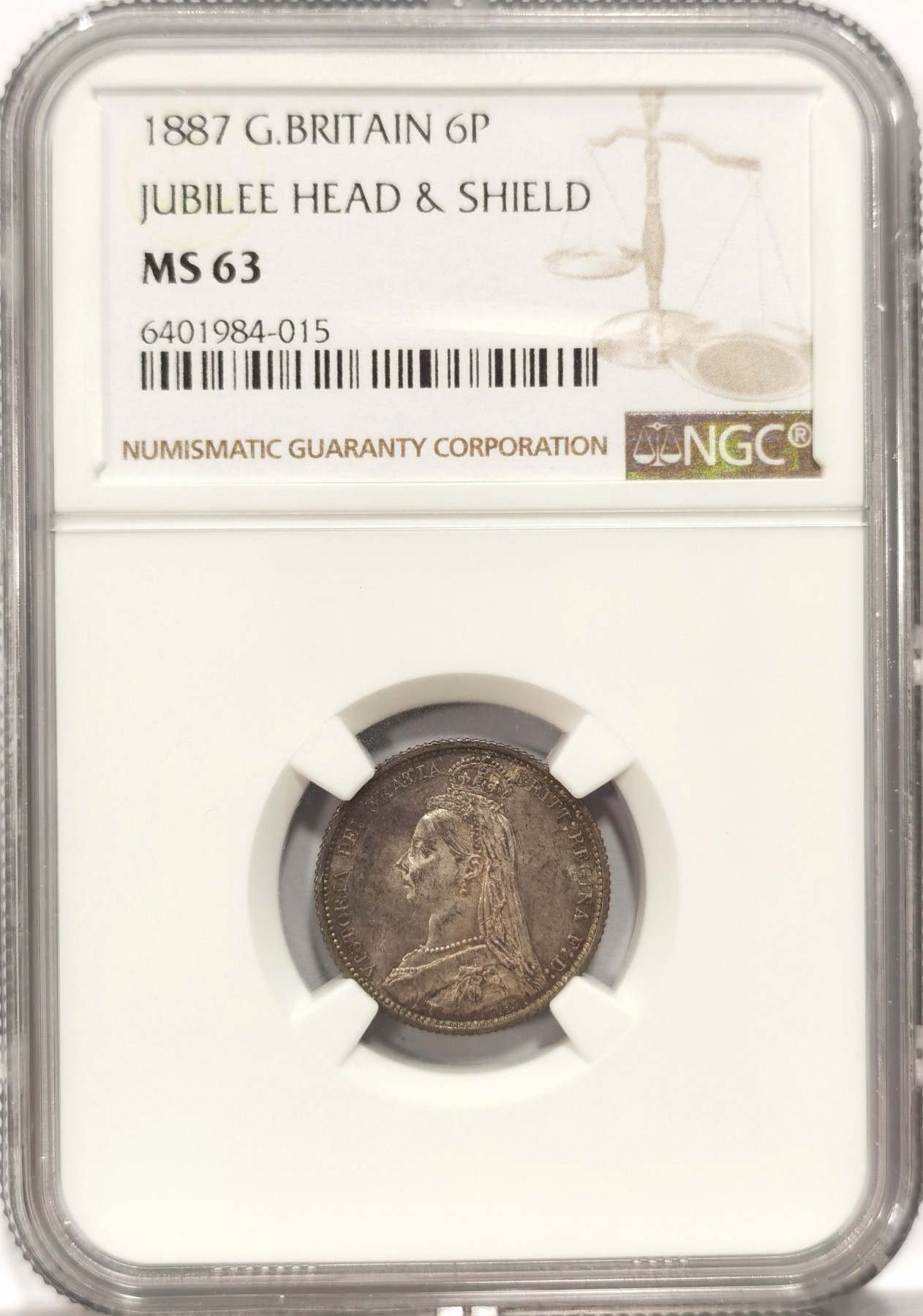 博洋堂庆双节连拍之“中秋甄选夜”精品专场拍卖暨第045期（全场包邮） NGC MS63 英国1887 维多利亚六便士 典型欧洲包浆 盾徽细节好