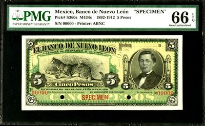 【Blue Auction】✨世界纸币精拍第376期——国庆专场 -  【百年风云 冠军分少见】墨西哥 1892-1912年5比索 美洲豹 ABNC出品 实物雕刻精美 PMG66EPQ 人物为伊格纳西奥·萨拉戈萨将军，曾在1862年5月5日的普埃布拉战役中率领装备落后的墨西哥军队成功阻挡了法军的攻势，这场意外的胜利极大地提振了墨西哥人民的士气，成为了墨西哥民族自豪感的象征。