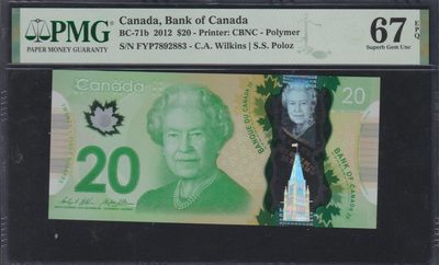 草稿银行第十一期国内外钞票硬币拍卖 加拿大2012年20加元 女王肖像 塑料钞 号码全程无4 PMG 67