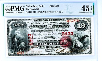 【Blue Auction】✨世界纸币精拍第376期——国庆专场 - 【升值少见品种 背面大场景震撼】美国 俄亥俄州哥伦布银行 1875年10美金 早期国民券 小银行存世量很少 存世9张中的1张 大票幅设计 PMG45EPQ 原票状态佳 正面为富兰克林经典的风筝实验、雄鹰及手握闪电的自由女神 背面为经典大场景油画《哥伦布登陆》 这张手签大气 油墨凹凸感非常好 拿在手上气场十足非常吸引人 如今该年份国民券好品很少出现 非1882版可比拟的