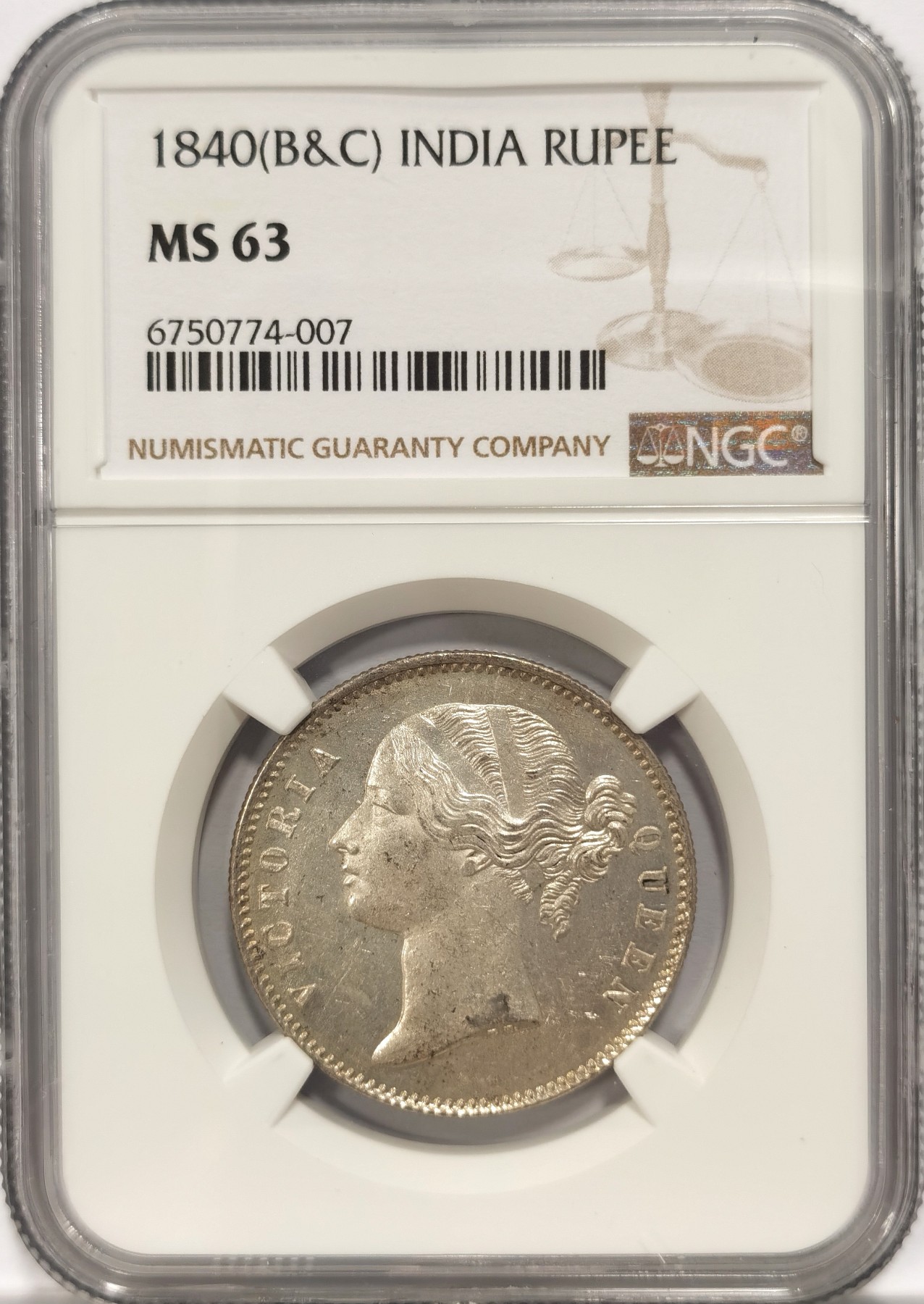 博洋堂庆双节连拍之“中秋甄选夜”精品专场拍卖暨第045期（全场包邮） NGC MS63 英属印度1840年小维1卢比银币，难得好品，麦稀奇所见最高分