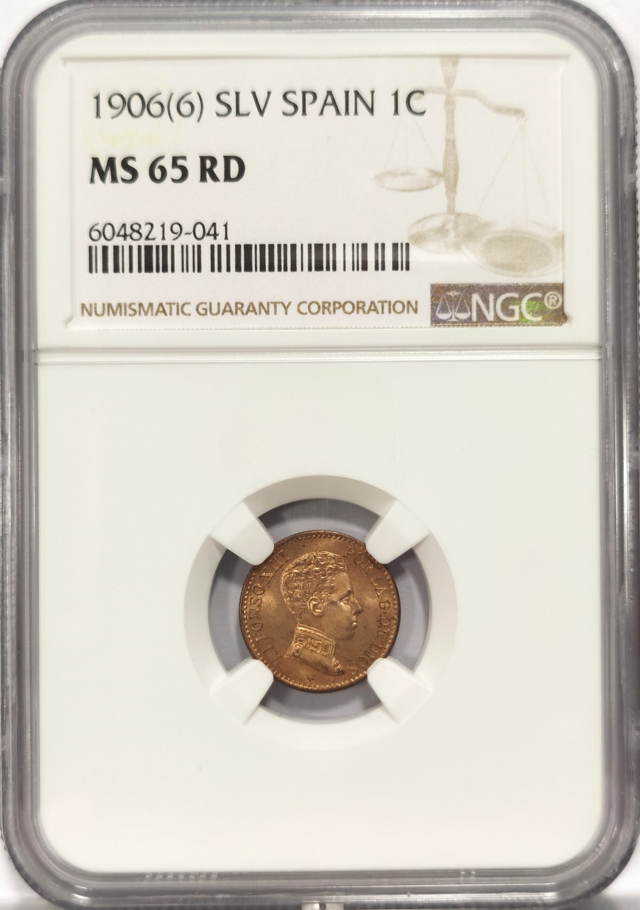 博洋堂庆双节连拍之“中秋甄选夜”精品专场拍卖暨第045期（全场包邮） NGC MS65RD 西班牙1906年1分铜币，极其难得的品相，外拍热门，Katz21年5月有65RD成交价含佣金接近100欧元