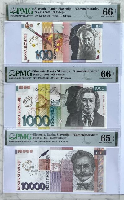 2023第40场（总第139期）：测试钞，纪念钞综合场 - 斯洛文尼亚“央行成立10周年”100、1000、10000托拉尔纪念钞全同号3张一套（仅发行1000册）第486号（PMG65-66）