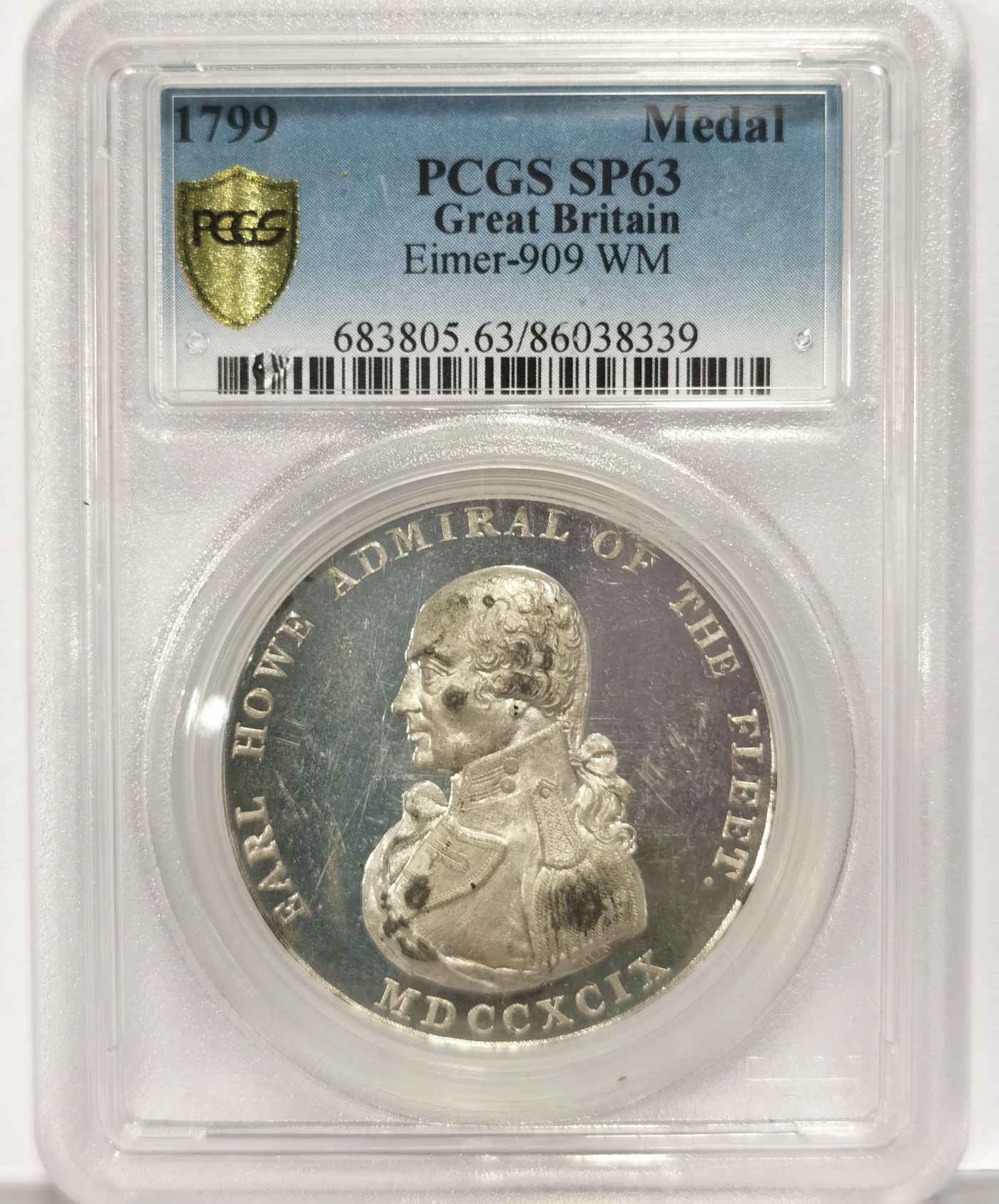 博洋堂庆双节连拍之“中秋甄选夜”精品专场拍卖暨第045期（全场包邮） 唯一冠军分1799年 PCGS SP63 海军上将豪尔伯爵纪念章，唯一进盒SP样币冠军分
