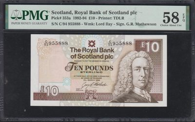 草稿银行第十一期国内外钞票硬币拍卖 苏格兰皇家银行 1994年10镑 豹子号888 PMG 58e