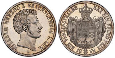万国钱币拍卖第017期（中秋—国庆花好月圆夜特辑） - PCGS PR63 1858年德国不伦瑞克狼堡精致纹章1泰勒 首年精制 一步到位的经典品种 PCGS唯一冠军 错过就错过了