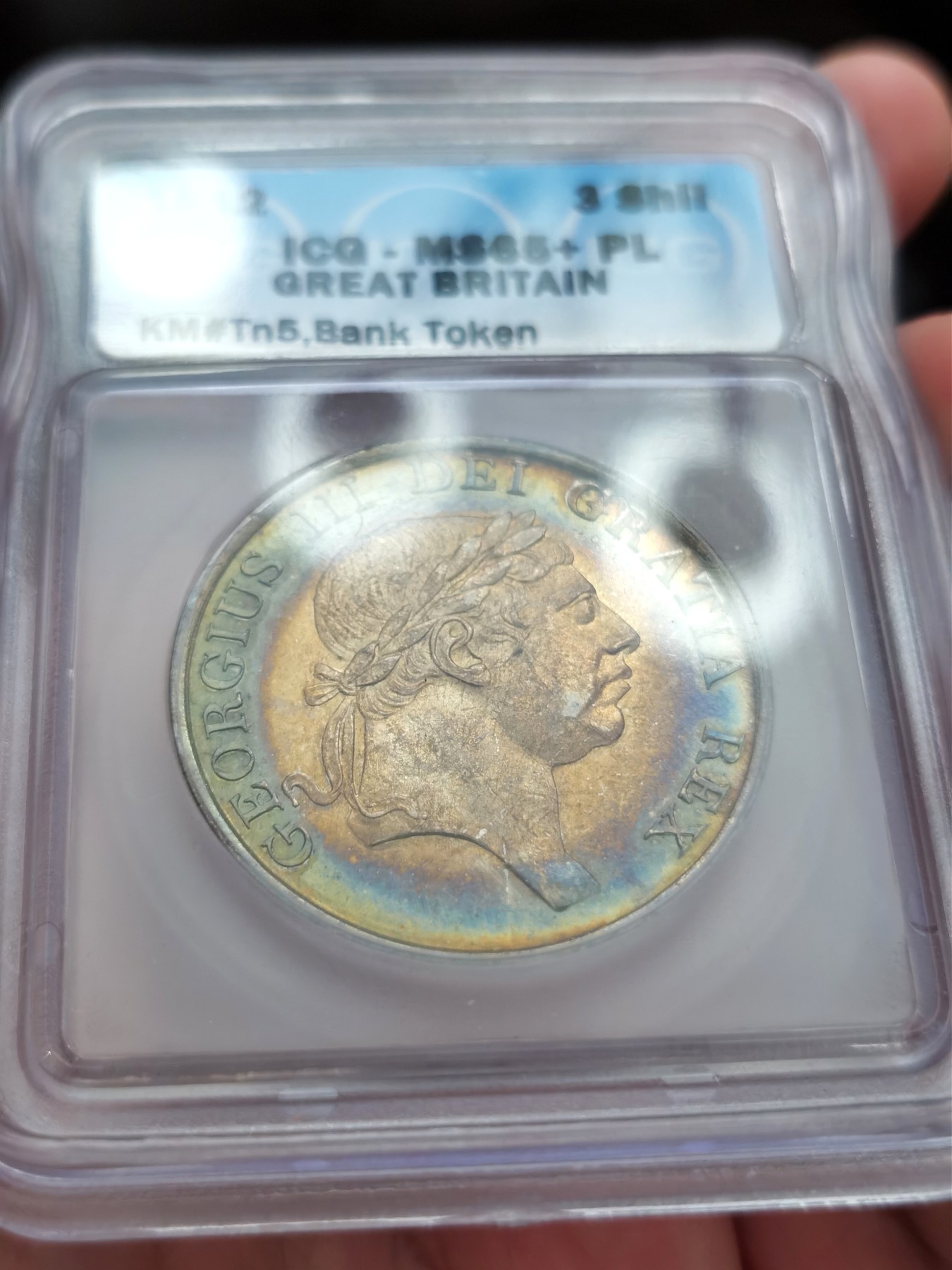 博洋堂庆双节连拍之“中秋甄选夜”精品专场拍卖暨第045期（全场包邮） ICG MS65PL 英格兰银行1812年3先令银币 镜面底板 绚烂五彩包浆