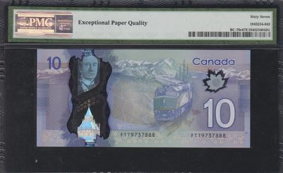 草稿银行第十一期国内外钞票硬币拍卖 加拿大2013年10加元 塑料钞 号码全程无4 豹子号888 PMG 67