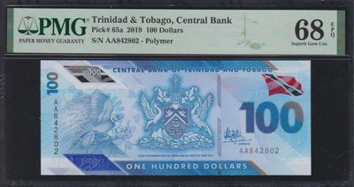 草稿银行第十一期国内外钞票硬币拍卖 特立尼达和多巴哥2019年100元 塑料钞 AA冠 PMG 68 季军分