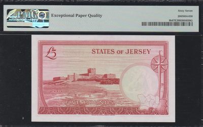 草稿银行第十一期国内外钞票硬币拍卖 泽西岛1963年5镑 女王肖像 号码全程无4 PMG 67