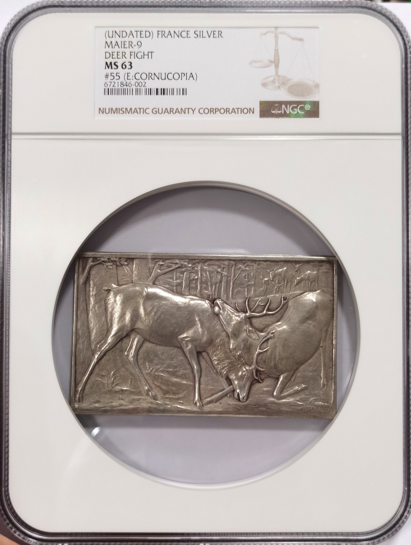 博洋堂庆双节连拍之“中秋甄选夜”精品专场拍卖暨第045期（全场包邮） 法国 SAMF协会系列25号作品 雄鹿之战 大银章 NGC MS63 银章仅发行108枚