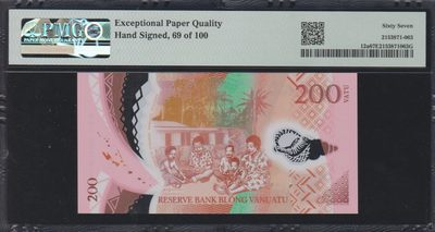 草稿银行第十一期国内外钞票硬币拍卖 瓦努阿图2014年200瓦图 AA冠开门69号，倒置号 手签版 PMG 67