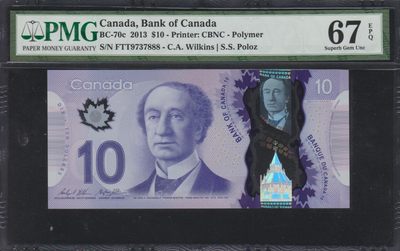 草稿银行第十一期国内外钞票硬币拍卖 加拿大2013年10加元 塑料钞 号码全程无4 豹子号888 PMG 67