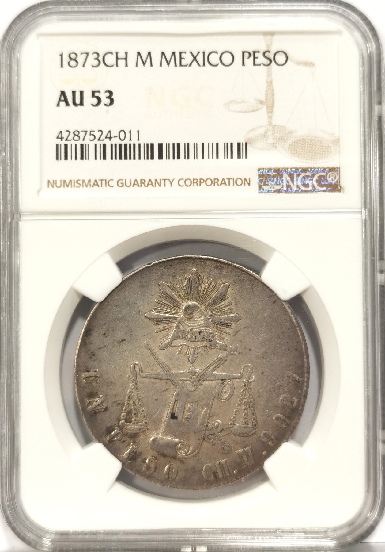 博洋堂庆双节连拍之“中秋甄选夜”精品专场拍卖暨第045期（全场包邮） NGC AU53 墨西哥1873年CH M版天平鹰洋，好版天平，最近ha上62分成交13000+