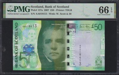 草稿银行第十一期国内外钞票硬币拍卖 苏格兰2007年50镑 2007年IBNS最佳纸币 AA冠 PMG 66
