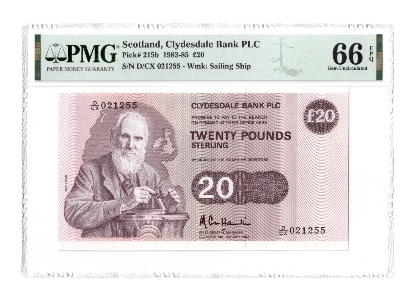 收藏联盟Quantum Auction 第292期拍卖  苏格兰克莱斯戴尔银行1983-85年20镑 PMG66 物理学家 开尔文爵士 背面为格拉斯大学讲台