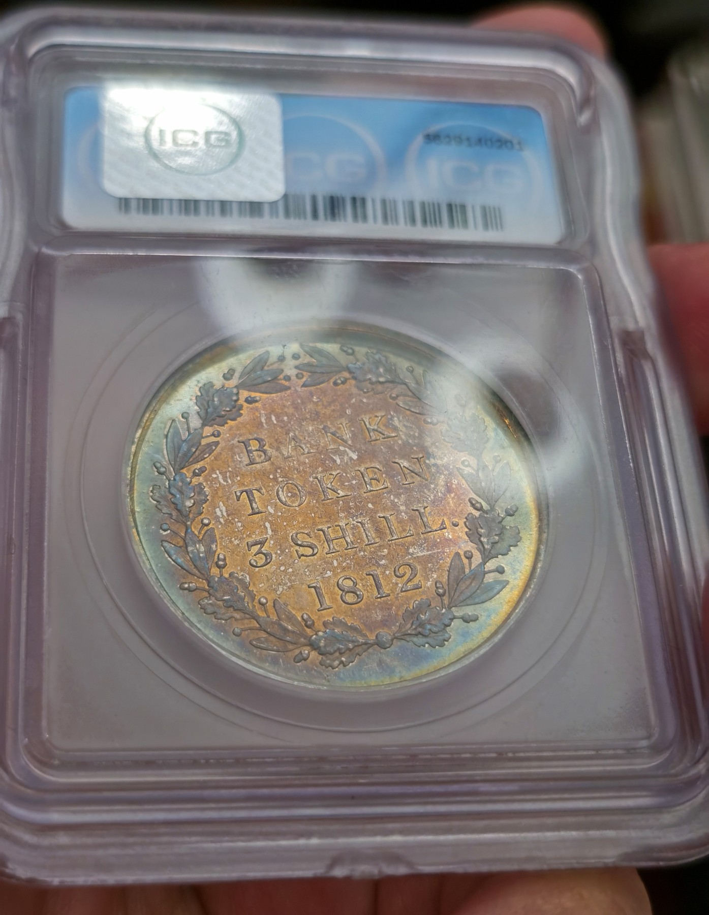 博洋堂庆双节连拍之“中秋甄选夜”精品专场拍卖暨第045期（全场包邮） ICG MS65PL 英格兰银行1812年3先令银币 镜面底板 绚烂五彩包浆