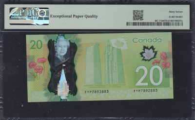 草稿银行第十一期国内外钞票硬币拍卖 加拿大2012年20加元 女王肖像 塑料钞 号码全程无4 PMG 67