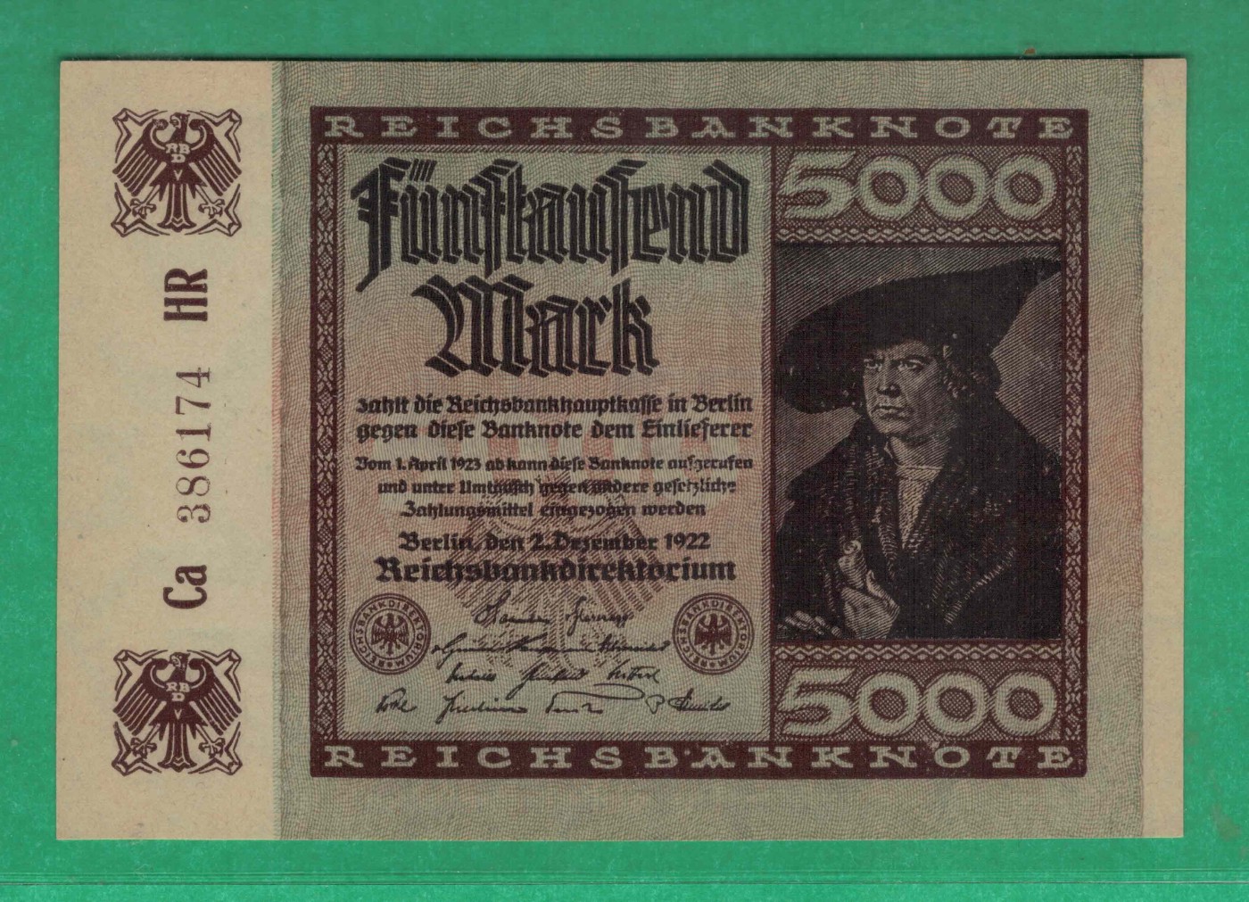 德国5000马克 1922年 P-81 签名少 水印特殊 欧洲纸币 实物图 UNC