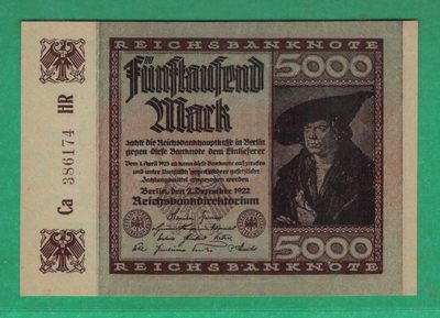 德国5000马克 1922年 P-81 签名少 水印特殊 欧洲纸币 实物图 UNC - 德国5000马克 1922年 P-81 签名少 水印特殊 欧洲纸币 实物图 UNC