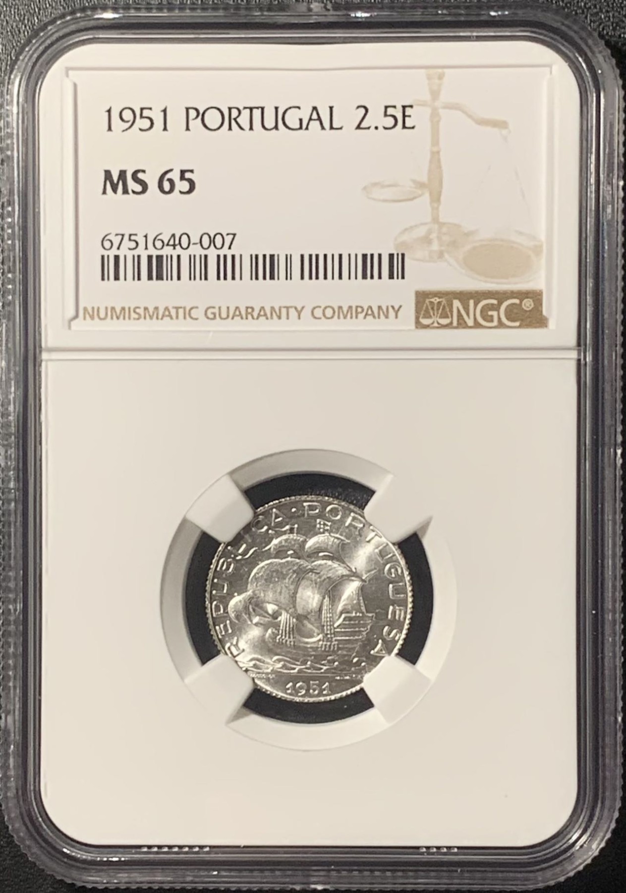 紫瑗钱币——第307期拍卖 葡萄牙 1951年 帆船 2.5埃斯库多 银币 NGC MS65