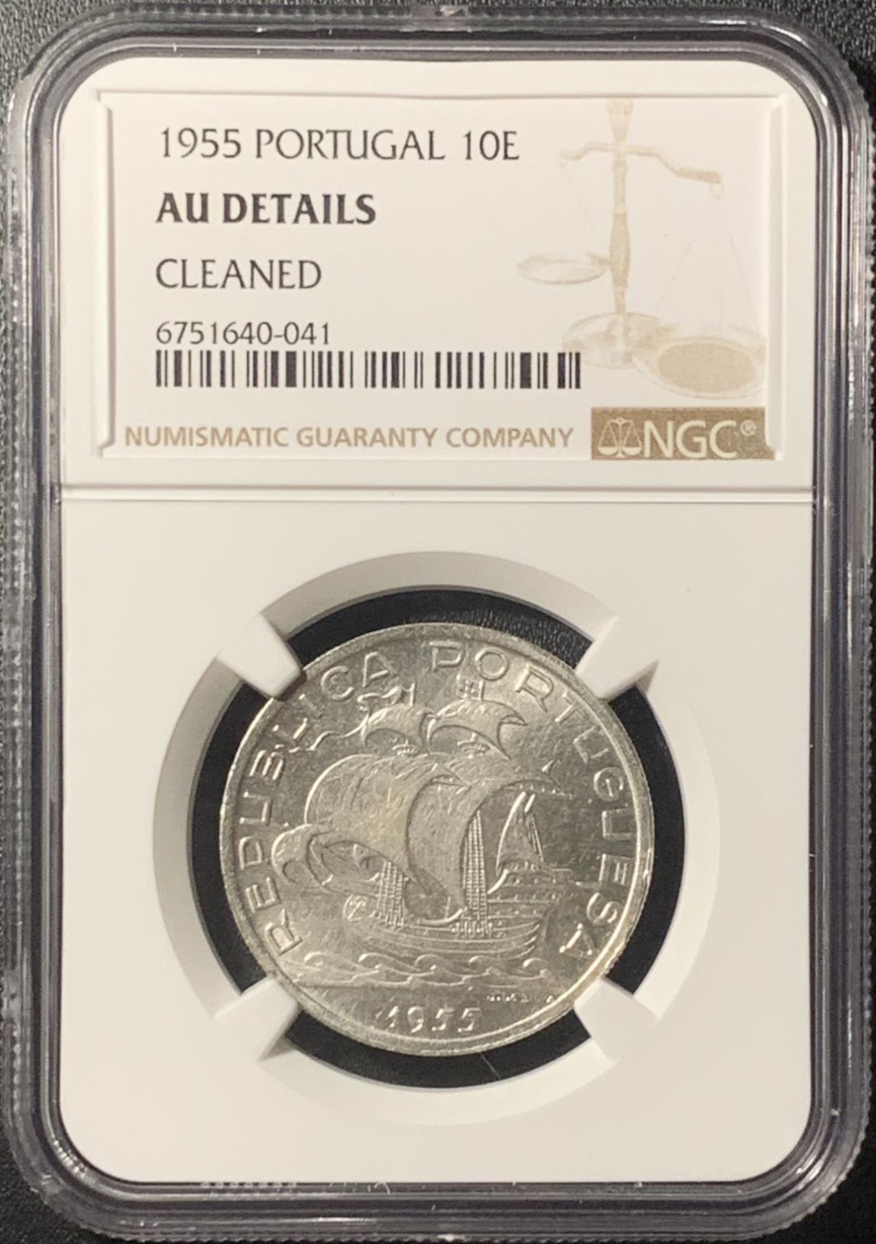 紫瑗钱币——第307期拍卖 葡萄牙 1955年 帆船 10埃斯库多 银币 NGC AU Detail