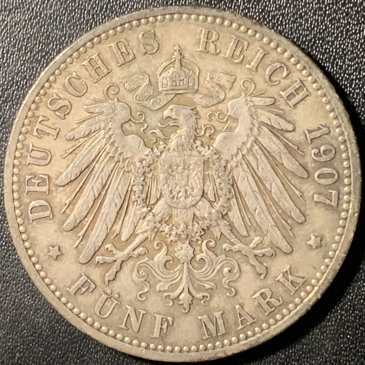 紫瑗钱币——第307期拍卖 德国 普鲁士 1907年 A版 威廉二世 长翅 5马克 27.78克 0.9银 