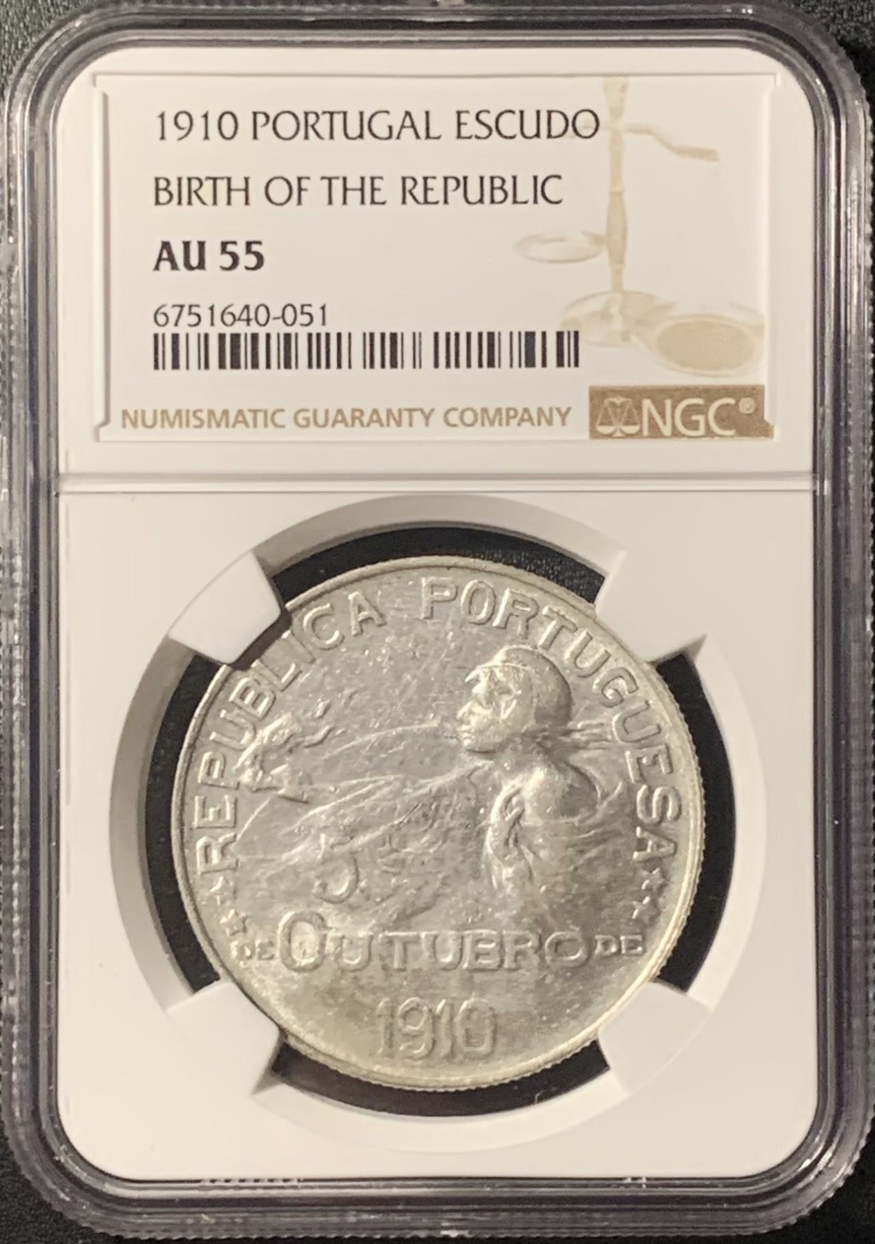 紫瑗钱币——第307期拍卖 葡萄牙 1910年 共和国诞生 1埃斯库多 银币 NGC AU55