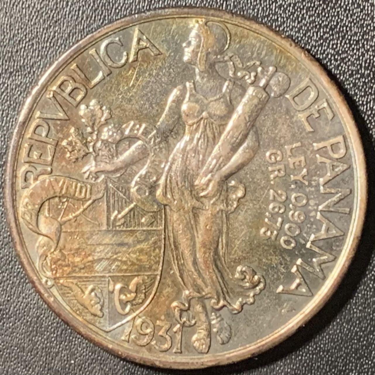 紫瑗钱币——第307期拍卖 巴拿马 1931年 巴尔沃亚 1波拿巴 26.73克 0.9银 五彩包浆