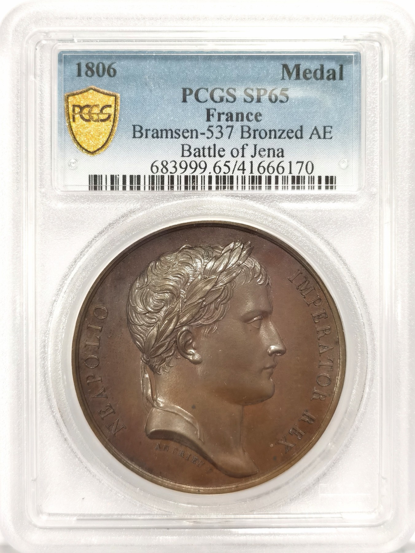 博洋堂庆双节连拍之“中秋甄选夜”精品专场拍卖暨第045期（全场包邮） PCGS SP65 拿破仑-耶拿战役，著名的7大战役之一，原铸，冠军分，封面广告章。棕黑镜面色泽，极品