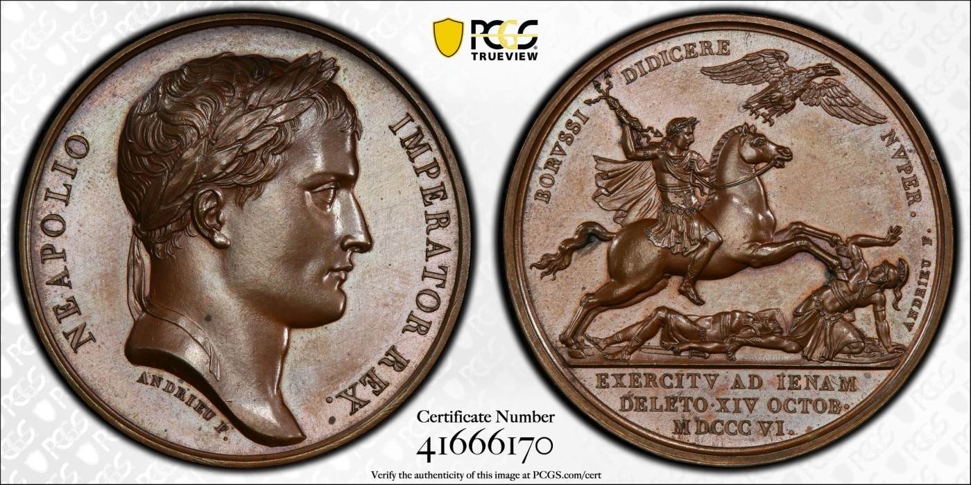 博洋堂庆双节连拍之“中秋甄选夜”精品专场拍卖暨第045期（全场包邮） PCGS SP65 拿破仑-耶拿战役，著名的7大战役之一，原铸，冠军分，封面广告章。棕黑镜面色泽，极品