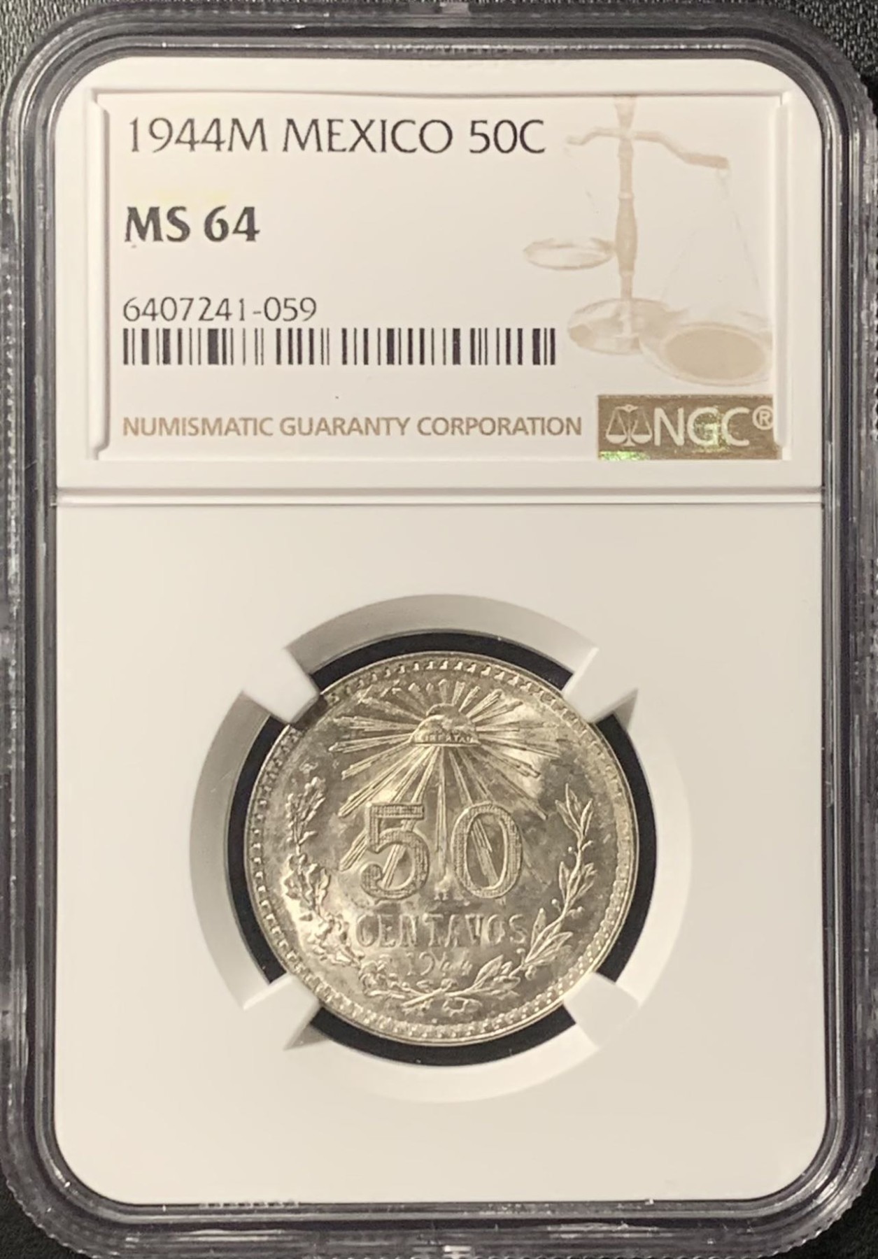 紫瑗钱币——第307期拍卖 墨西哥 1944年 M版 鹰洋 50分 银币 NGC MS64