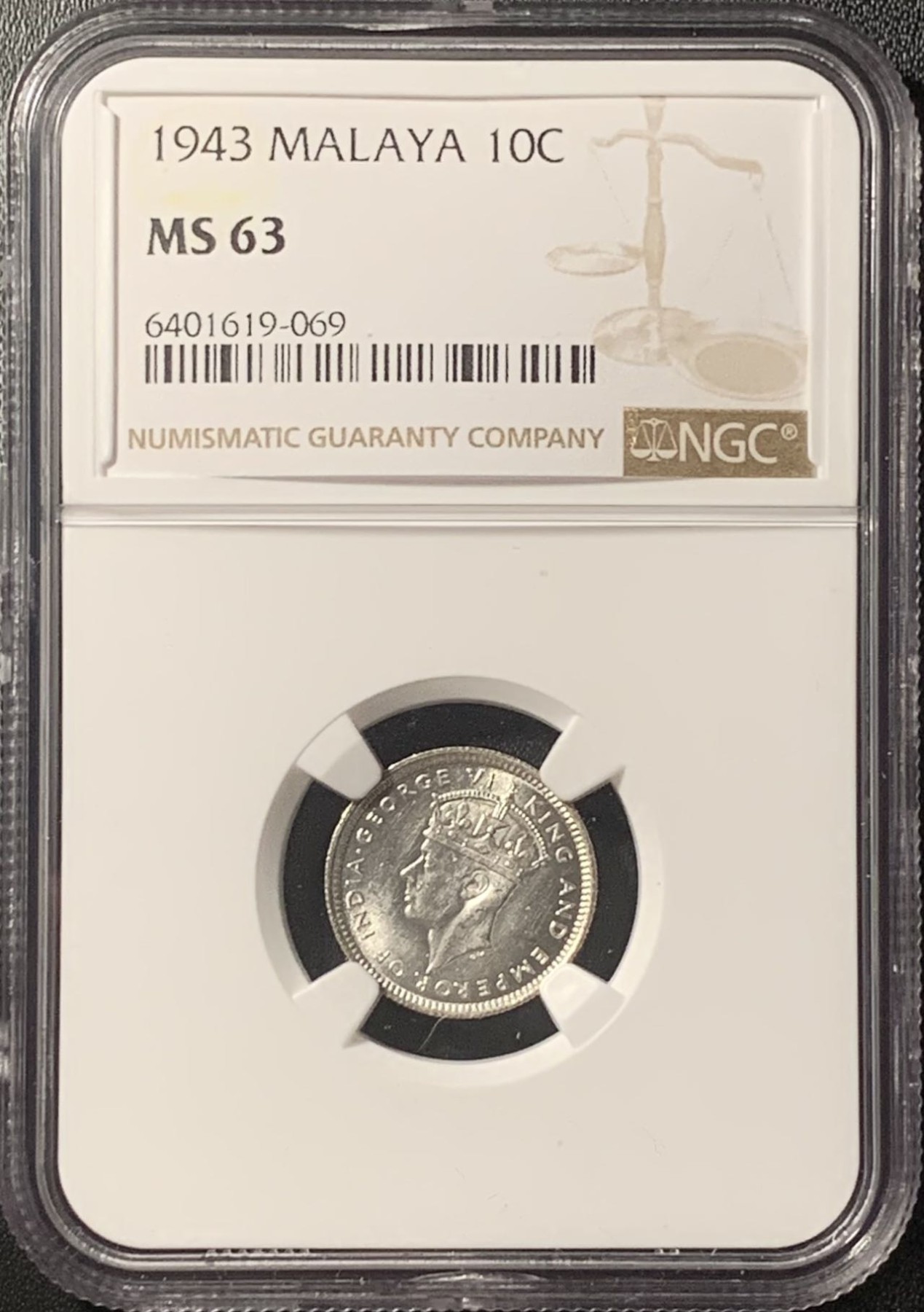 紫瑗钱币——第307期拍卖 马来亚 1943年 乔治六世 10分 银币 NGC MS63