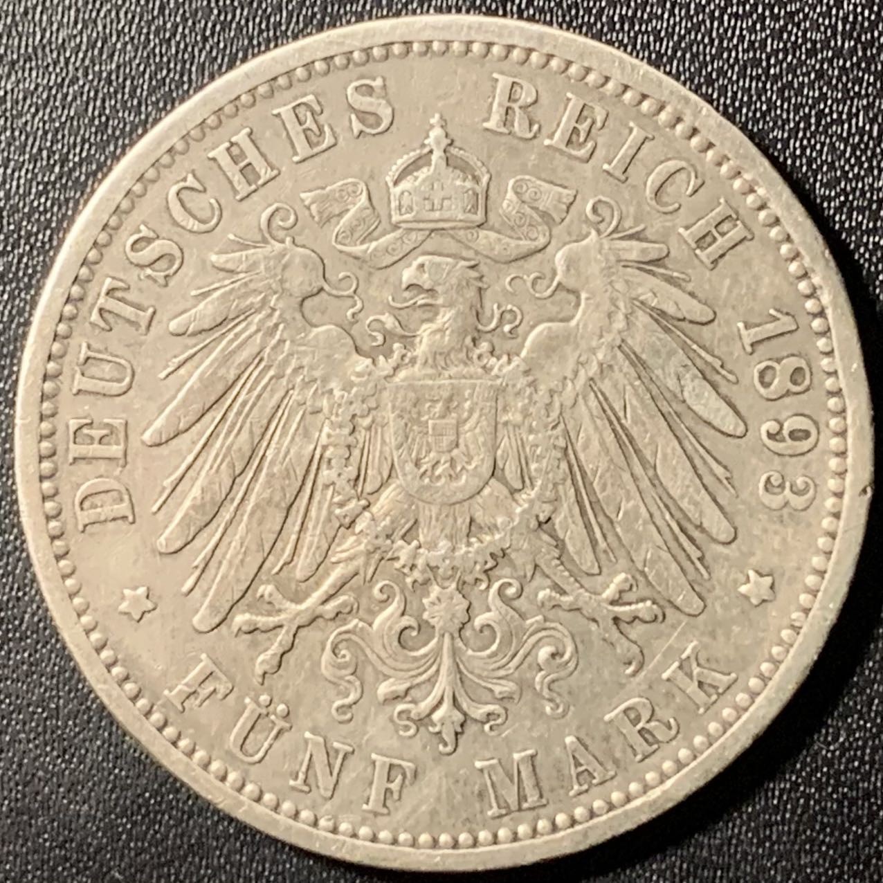 紫瑗钱币——第307期拍卖 德国 普鲁士 1893年 A版 威廉二世 长翅 5马克 27.78克 0.9银 