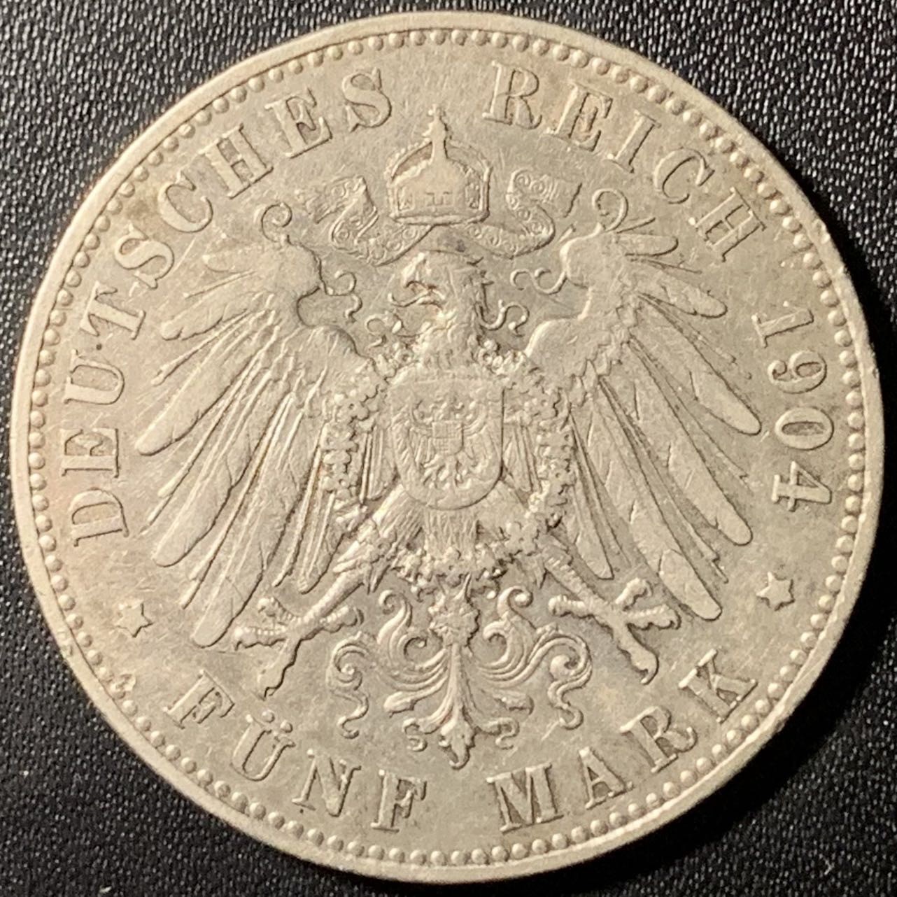 紫瑗钱币——第307期拍卖 德国 普鲁士 1904年 A版 威廉二世 长翅 5马克 27.78克 0.9银 