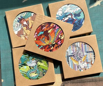 【直播】小花瓣艺术原创文创精品专场拍卖【第1场】 【四象天神系列】原创精品厚杯垫5张