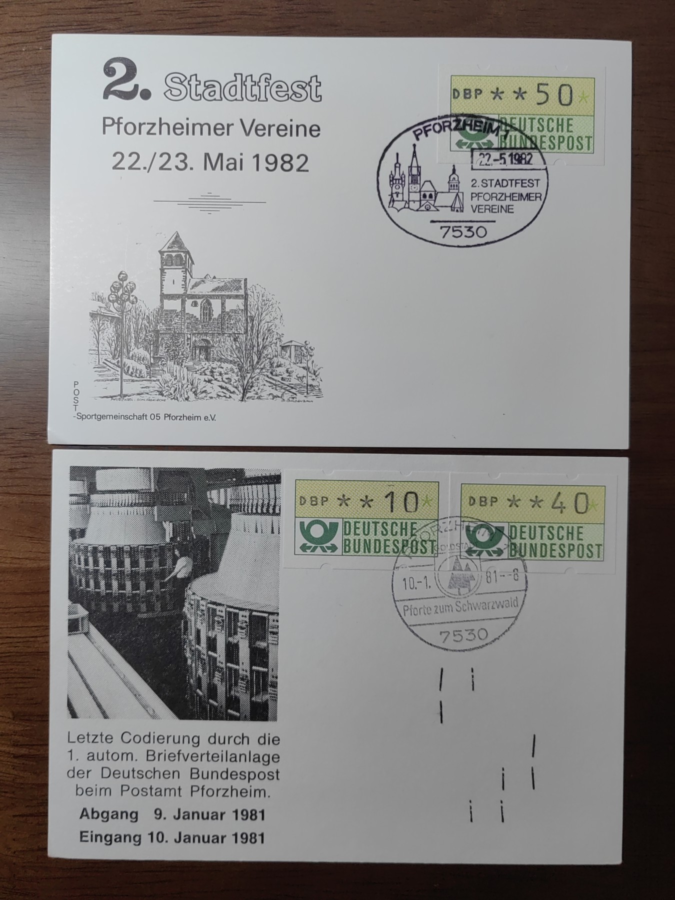 外国邮品精品专场（秒杀场）第①①场 普福兹海姆俱乐部和邮局的自动邮件分发系统戳片（电子邮票两枚）