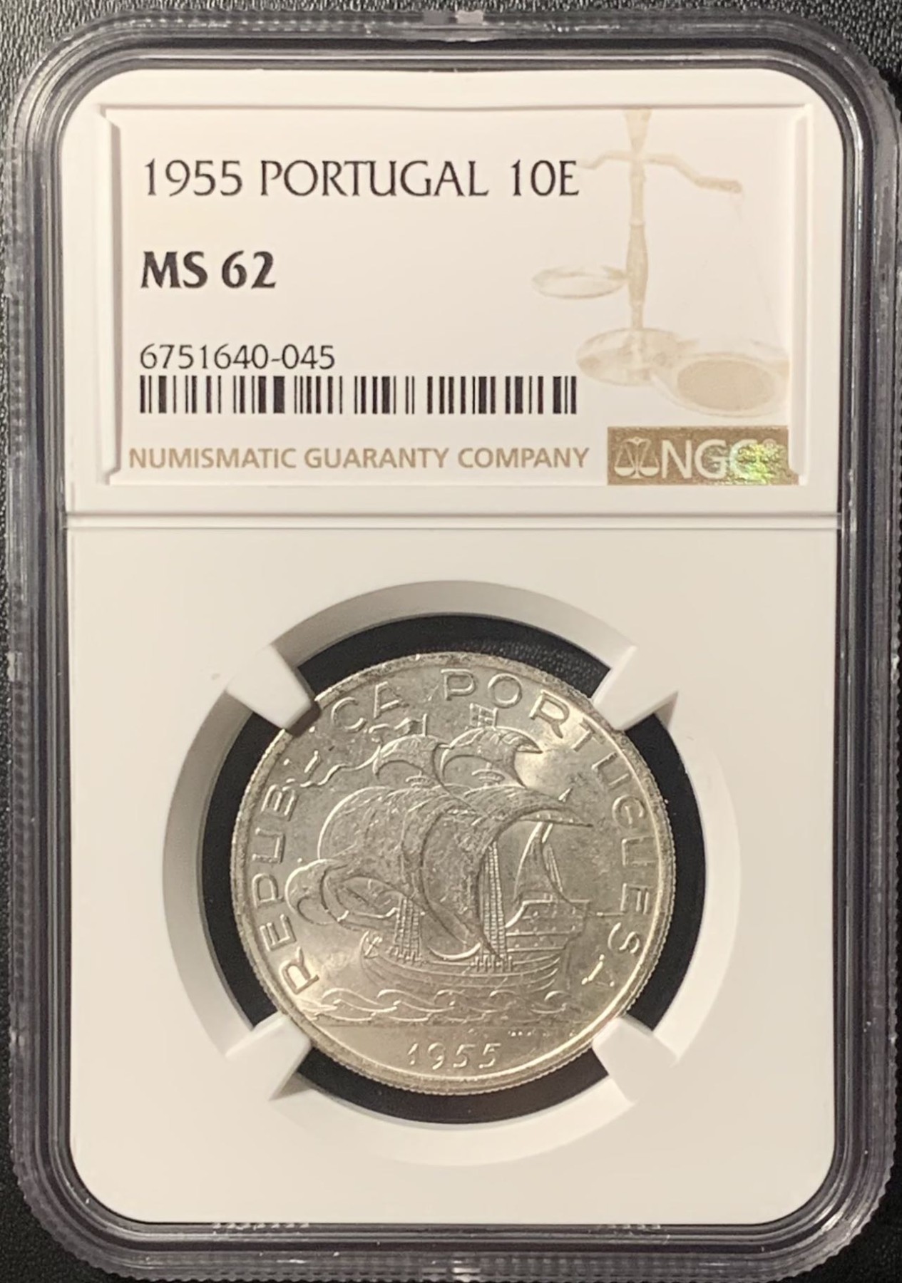 紫瑗钱币——第307期拍卖 葡萄牙 1955年 帆船 10埃斯库多 银币 NGC MS62