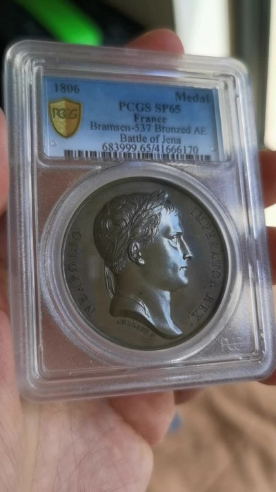 博洋堂庆双节连拍之“中秋甄选夜”精品专场拍卖暨第045期（全场包邮） PCGS SP65 拿破仑-耶拿战役，著名的7大战役之一，原铸，冠军分，封面广告章。棕黑镜面色泽，极品