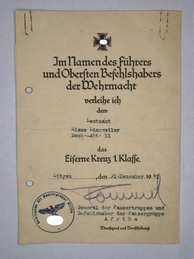 小驴勋章奖章收藏9月30号周六晚18点拍卖 - 德国WWII一级铁十字勋章证书，隆美尔亲笔签名，授予侦察营Klaus Linxweiler中尉，详见拍品介绍