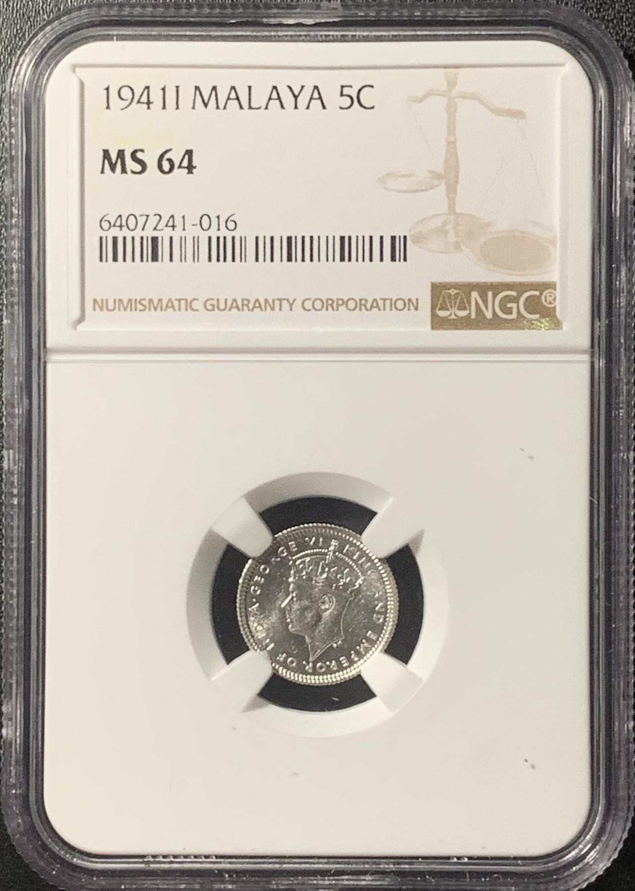紫瑗钱币——第307期拍卖 马来亚 1941年 i版 乔治六世 5分 银币 NGC MS64