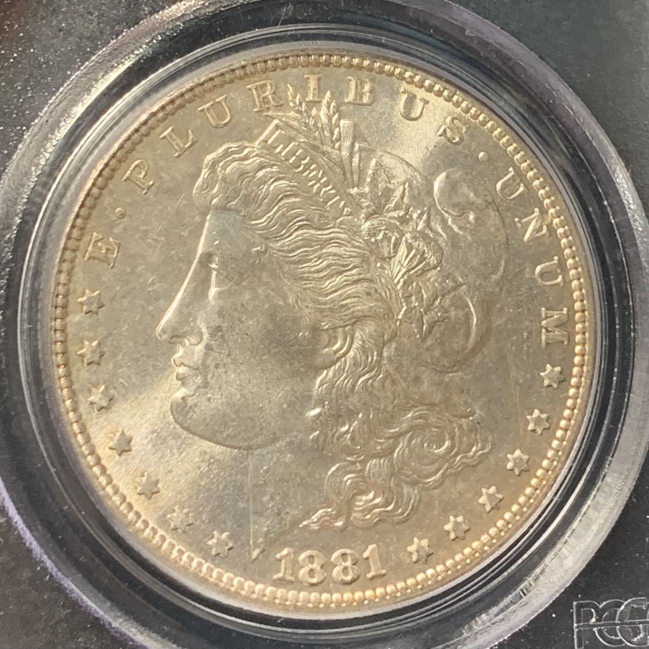 紫瑗钱币——第307期拍卖 美国 1881年 S版 摩根 大头妹 1美元 银币 PCGS MS64 老盒 淡五彩